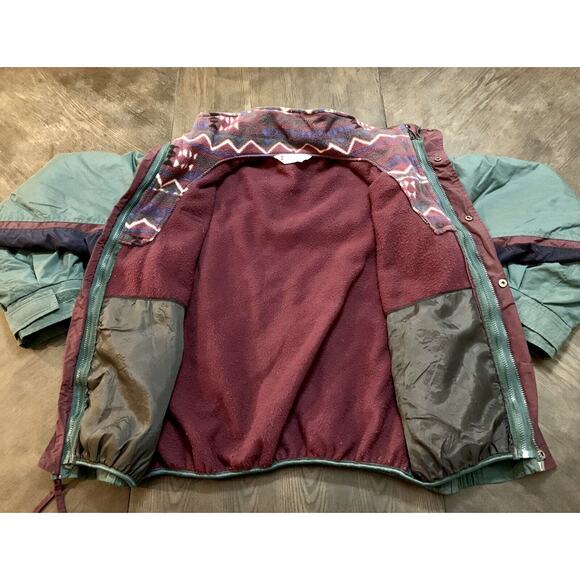 Vtg Columbia Lined Coat Jacket Green & Purple Removable Fleece Liner Medium USA - Picture 8 of 14